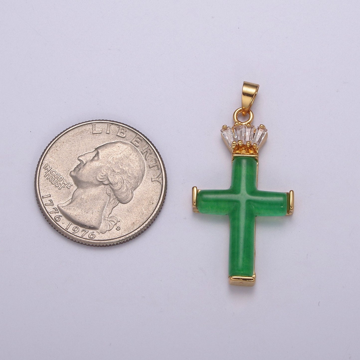 Dainty Green Jade Cross Pendant With CZ Crown for Necklace Earring Component Supply AH-351