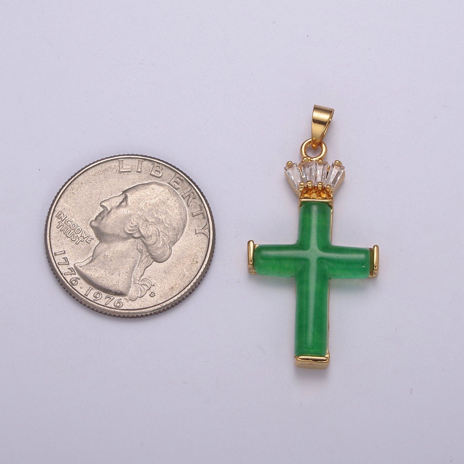 Dainty Green Jade Cross Pendant With CZ Crown for Necklace Earring Component Supply AH-351