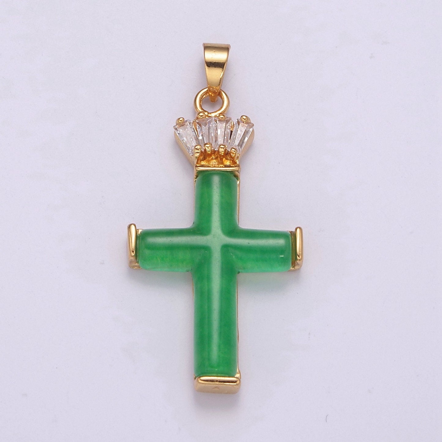 Dainty Green Jade Cross Pendant With CZ Crown for Necklace Earring Component Supply AH-351