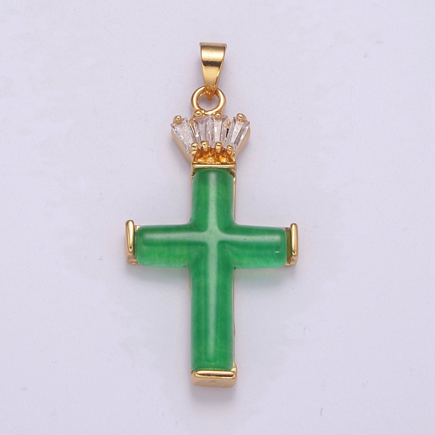 Dainty Green Jade Cross Pendant With CZ Crown for Necklace Earring Component Supply AH-351