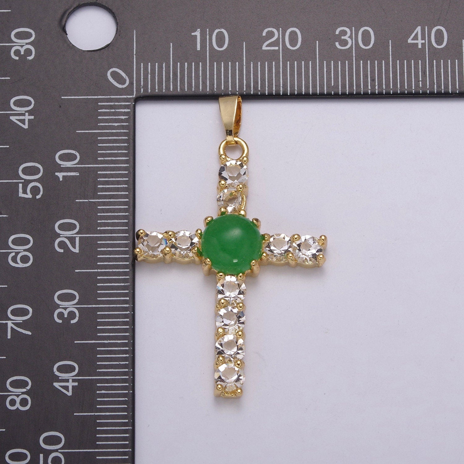 Dainty Green Jade Cross Pendant With Cubic Zirconia for Necklace Earring Component Supply AH-349