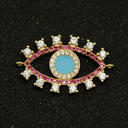 24K Gold Filled eye Charm Connector necklace with Turquoise cubic zirconia unique evil eye bracelet Connector Link eye Double bail charm