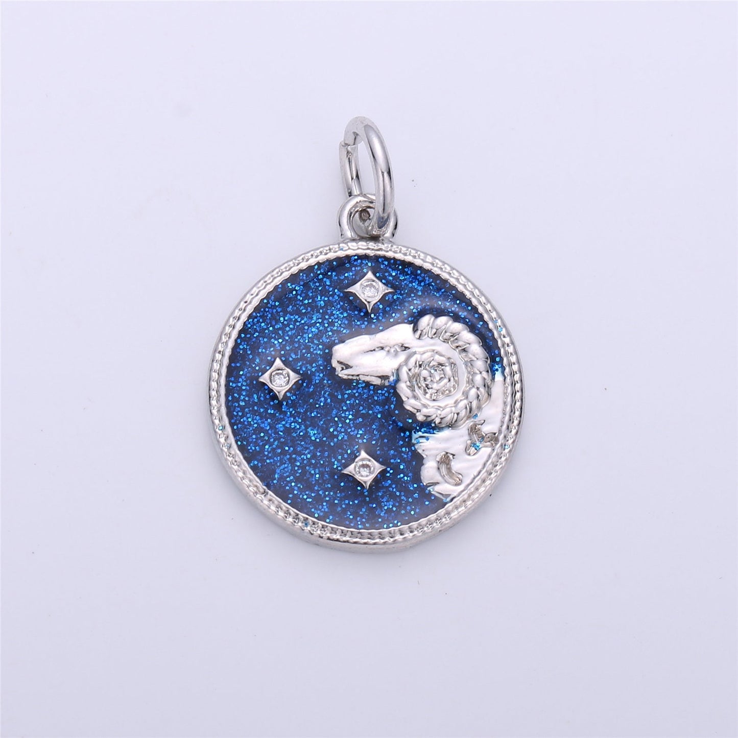 WhiteGold Blue Sparkle Enamel Zodiac Charms Constellation Necklace Pendant for Zodiac Necklace Celestial Jewelry Making Supply, ZODIAC- 12