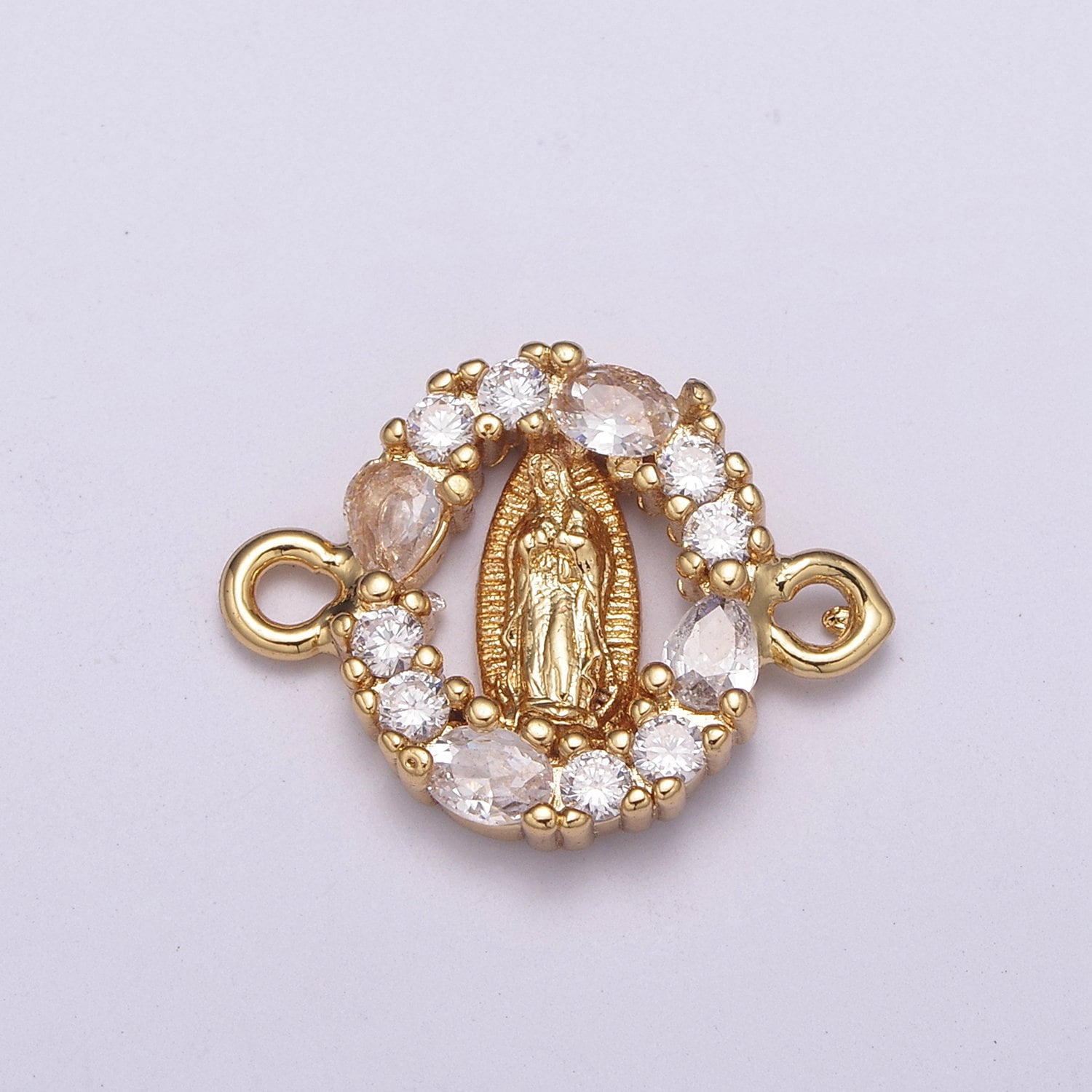 CZ Micro paved Gold Virgin Mother Mary Connectors, Catholic Baptism Charm, Medallion Religious Jewelry Craft Supply F-72