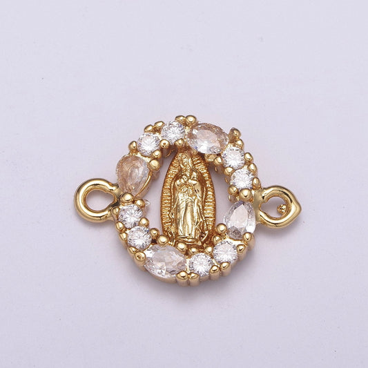 CZ Micro paved Gold Virgin Mother Mary Connectors, Catholic Baptism Charm, Medallion Religious Jewelry Craft Supply F-72