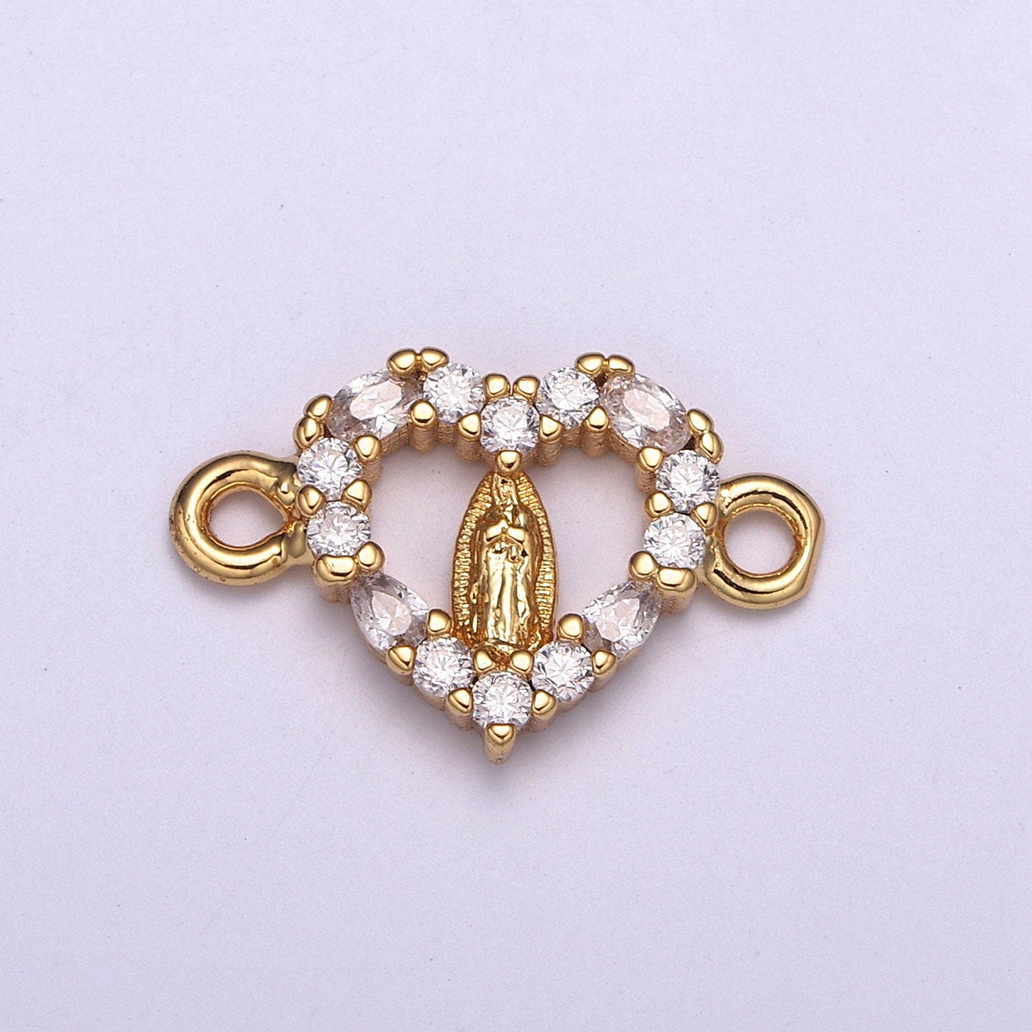 CZ Micro paved Gold Virgin Mother Mary Connectors, Catholic Baptism Charm, Heart Medallion Religious Jewelry Craft Supply F-68