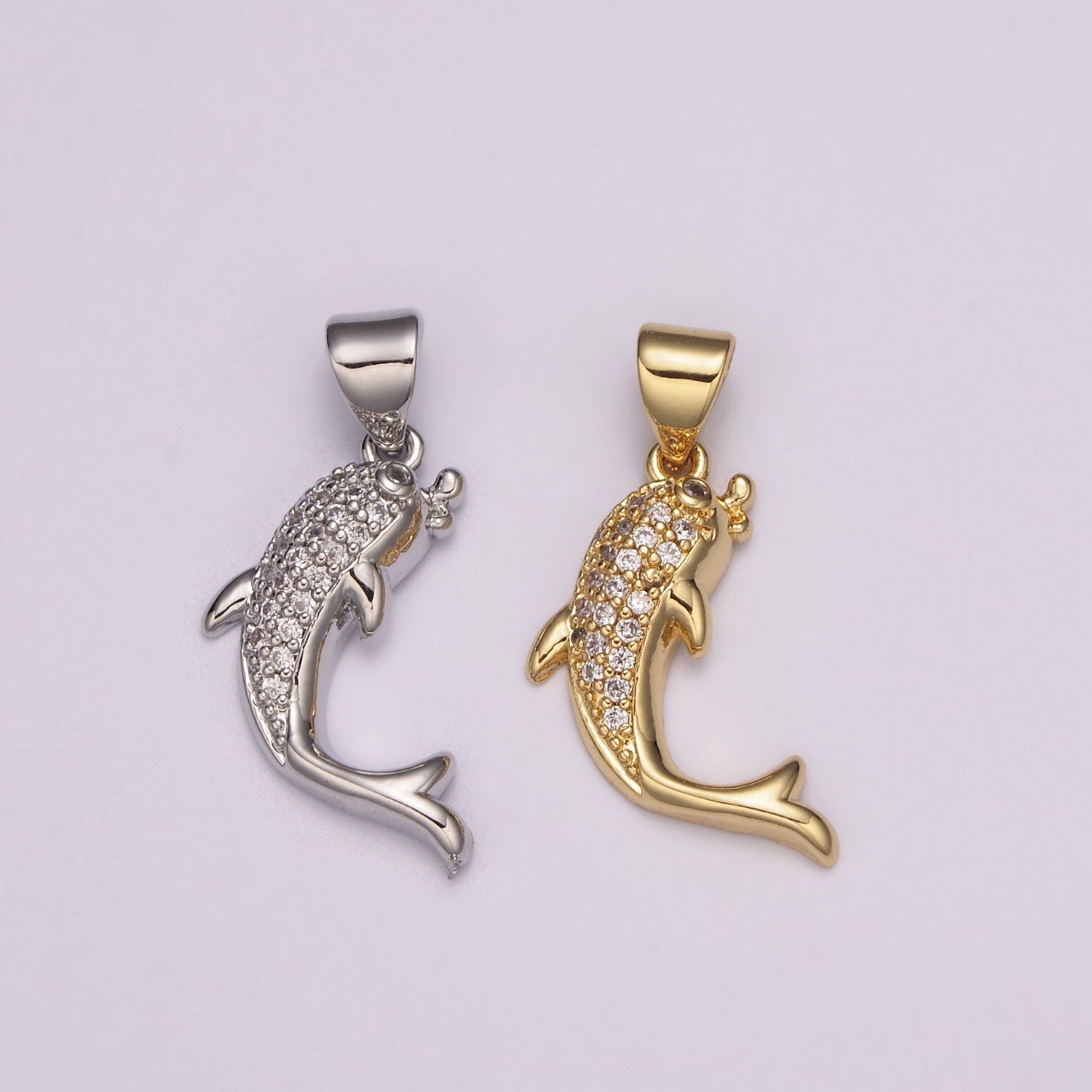 Micro Pave Gold FIshCharms, Whitegold Fish Charm, Gold Baby Shark Under the sea Jewelry Inspired, N-491, N-492