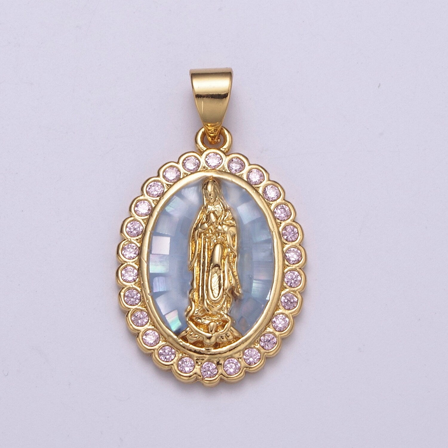 Gold Pearl finished with Blue/Green Transparent Epoxy Checkers Pendant Gold Mother Mary Pendant Round Charm Gold Medallion, H-057, H-059