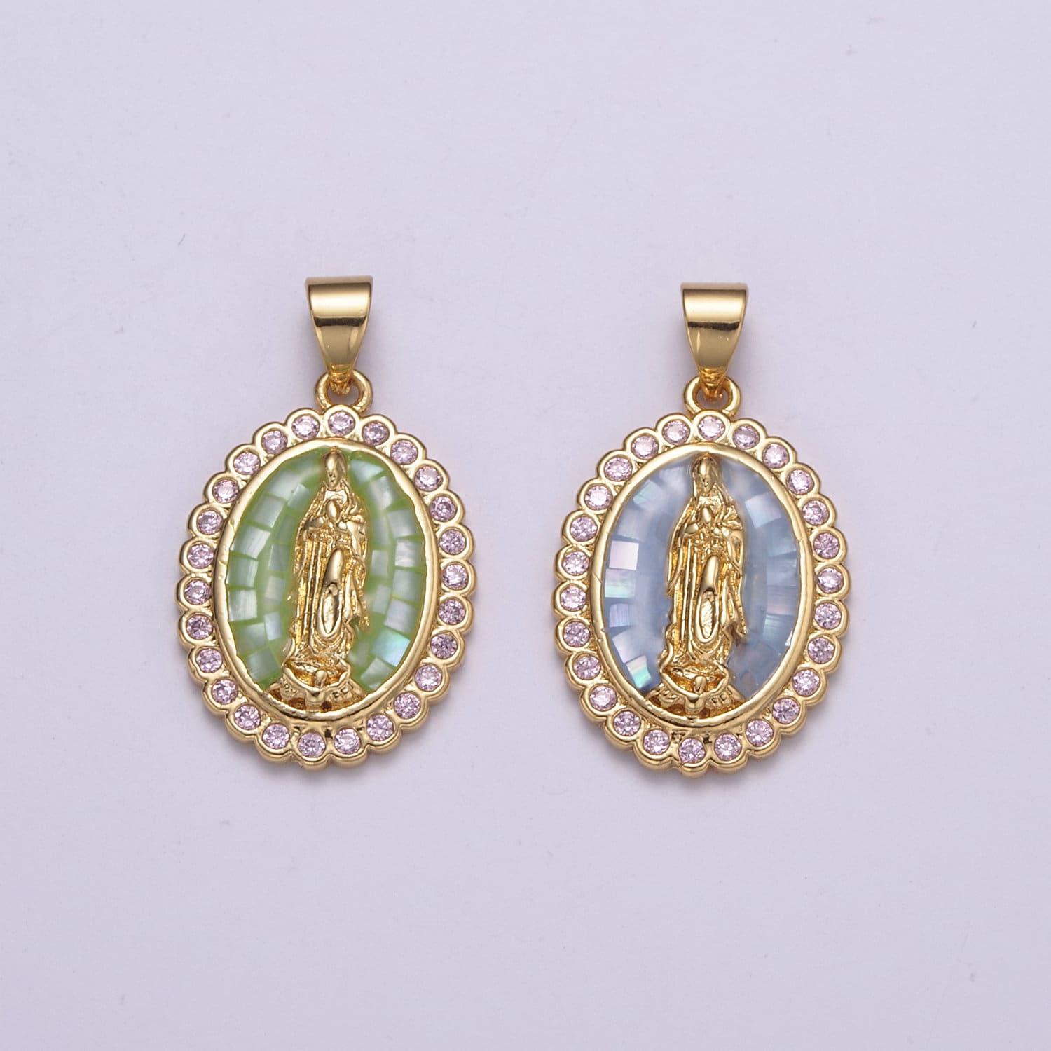 Gold Pearl finished with Blue/Green Transparent Epoxy Checkers Pendant Gold Mother Mary Pendant Round Charm Gold Medallion, H-057, H-059