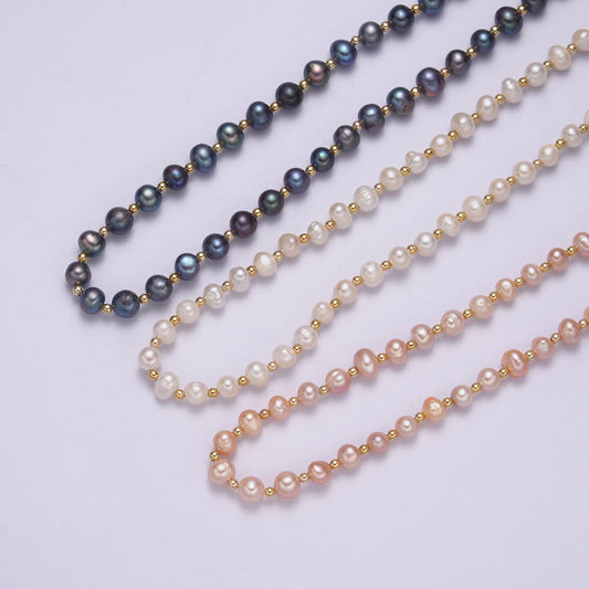 1pc Fresh Warter Pearl Choker Necklace, Black, White,Peach Baroque Pearl Necklace 17"+ 2 inch extender Necklace Beaded Gold Clasp WA 458