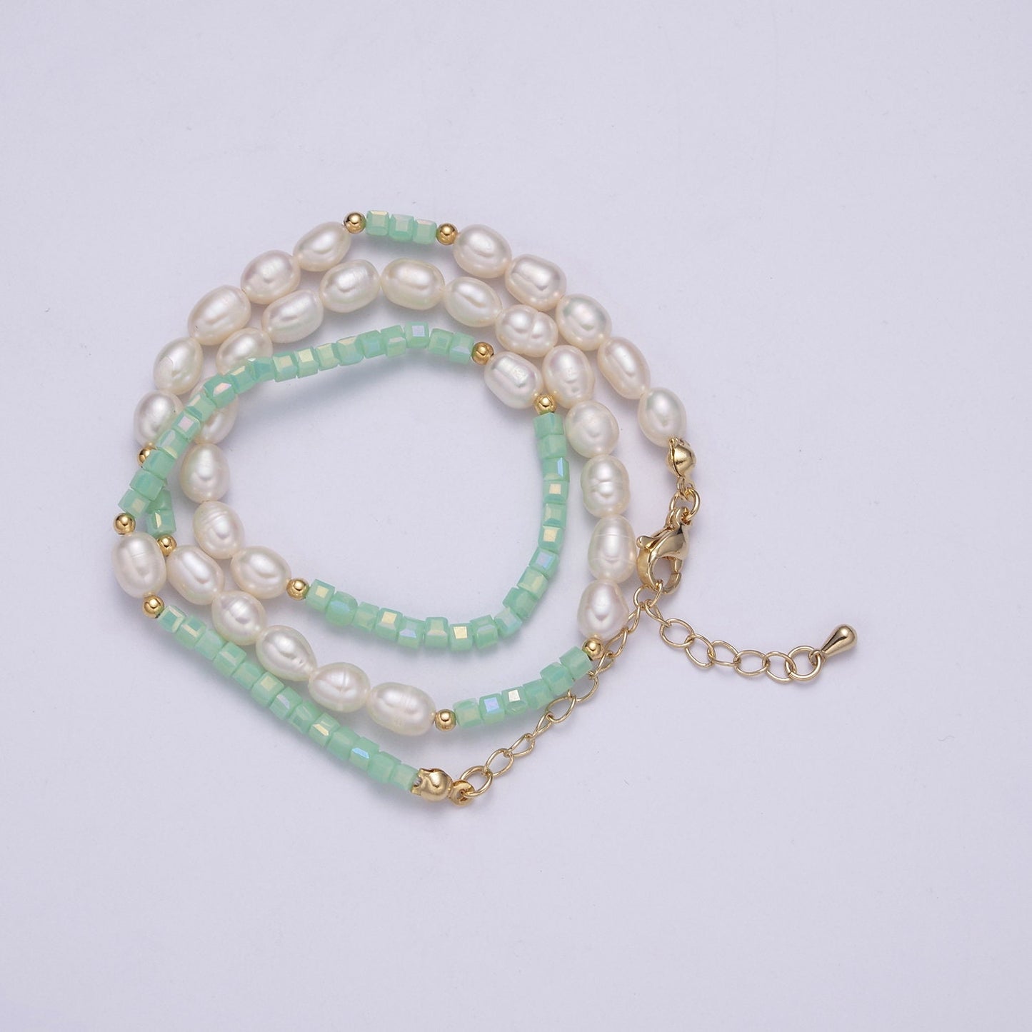 Pearl Choker Necklace, Green facetted glass beasds Chain Necklace, Pearl Necklace,16.7" + 2.2 inch Necklace Mix Beaded Gold Clasp, WA-446