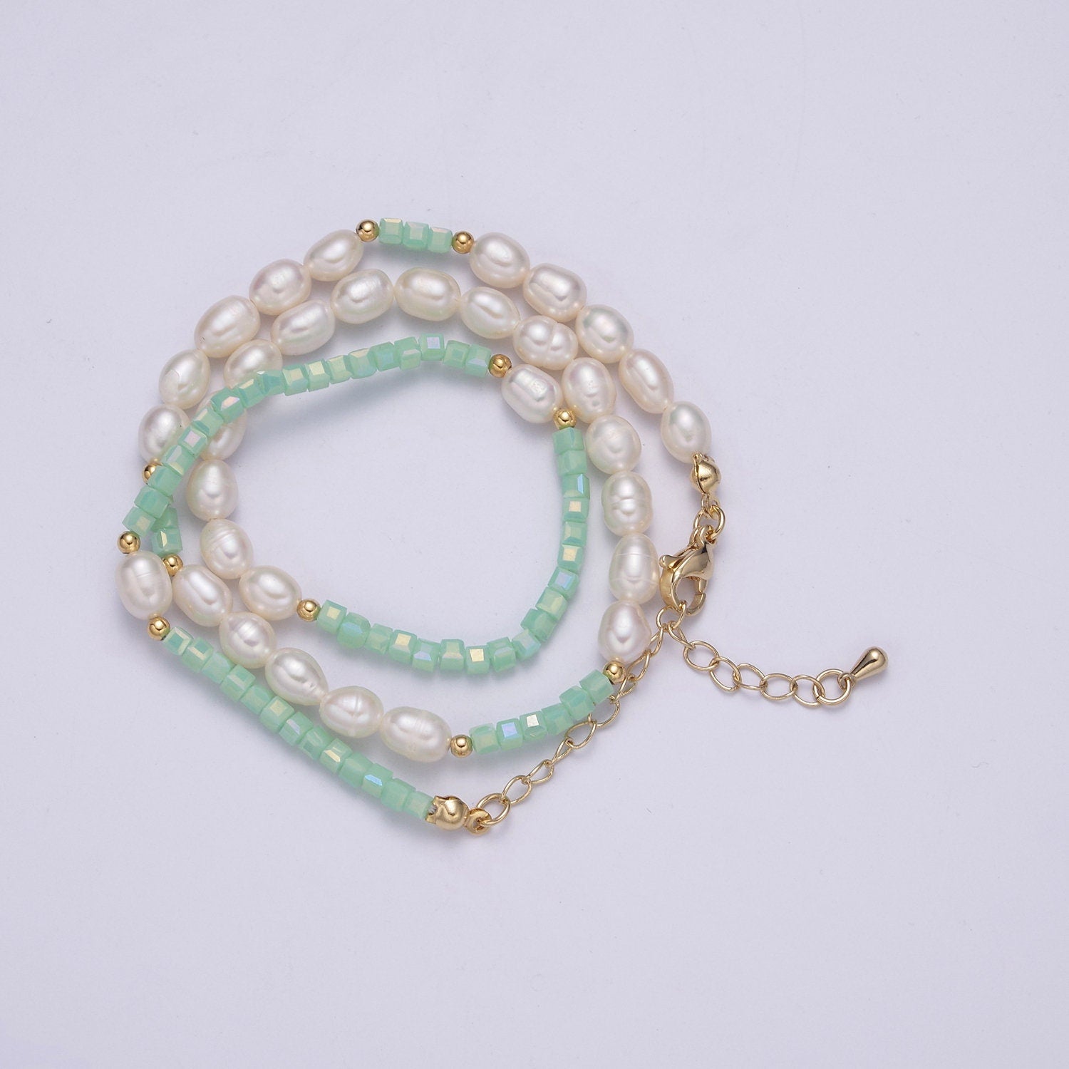 Pearl Choker Necklace, Green facetted glass beasds Chain Necklace, Pearl Necklace,16.7" + 2.2 inch Necklace Mix Beaded Gold Clasp, WA-446