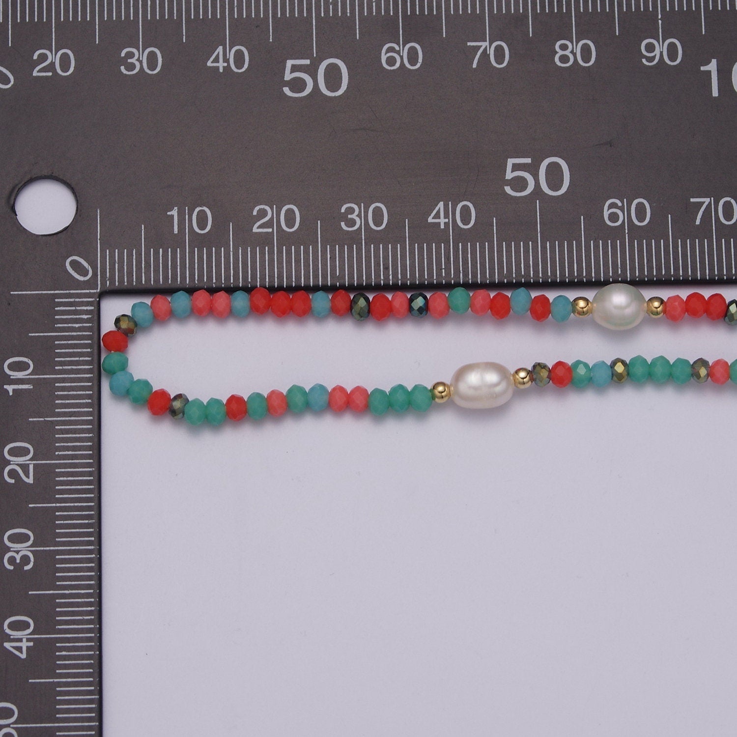 Orange Green Glass Beads Necklace, facetted glass beasds Chain Necklace, 17.5" + 2.0 inch Necklace Mixed Pearl Beaded Gold Clasp, WA-448