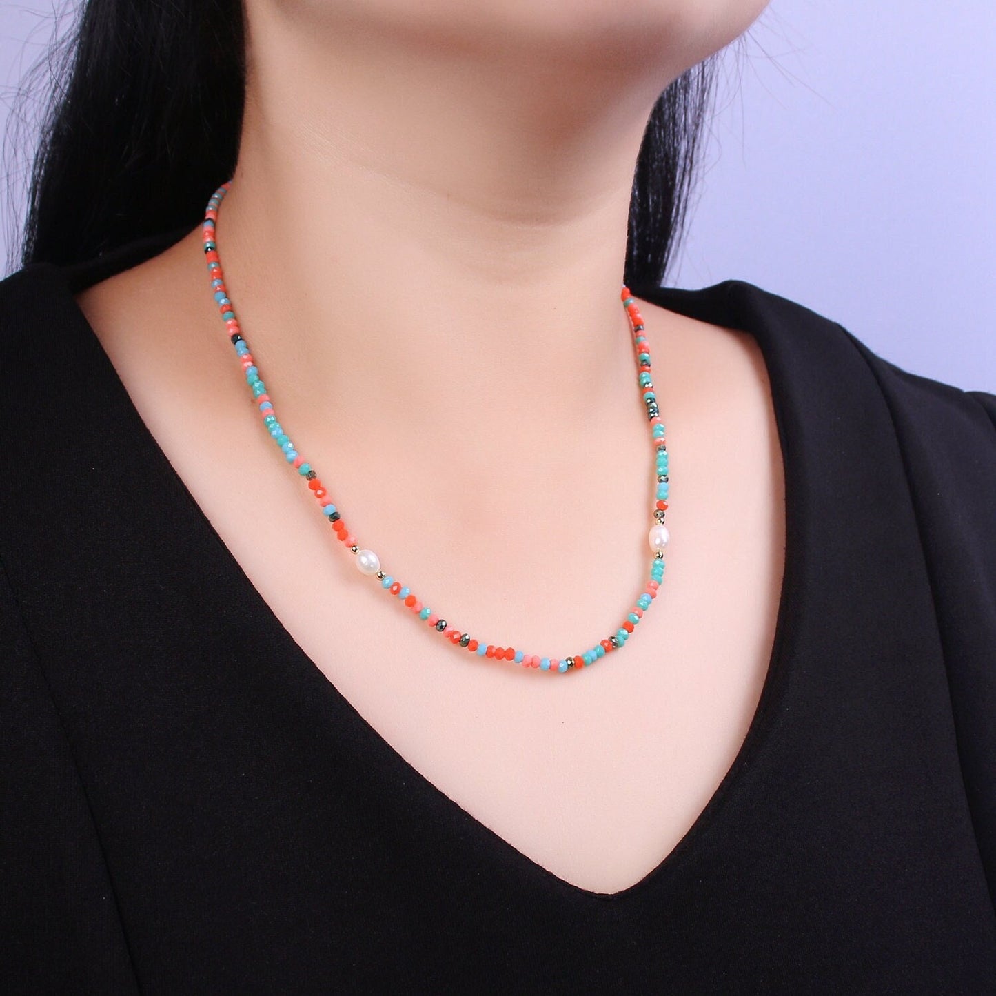 Orange Green Glass Beads Necklace, facetted glass beasds Chain Necklace, 17.5" + 2.0 inch Necklace Mixed Pearl Beaded Gold Clasp, WA-448
