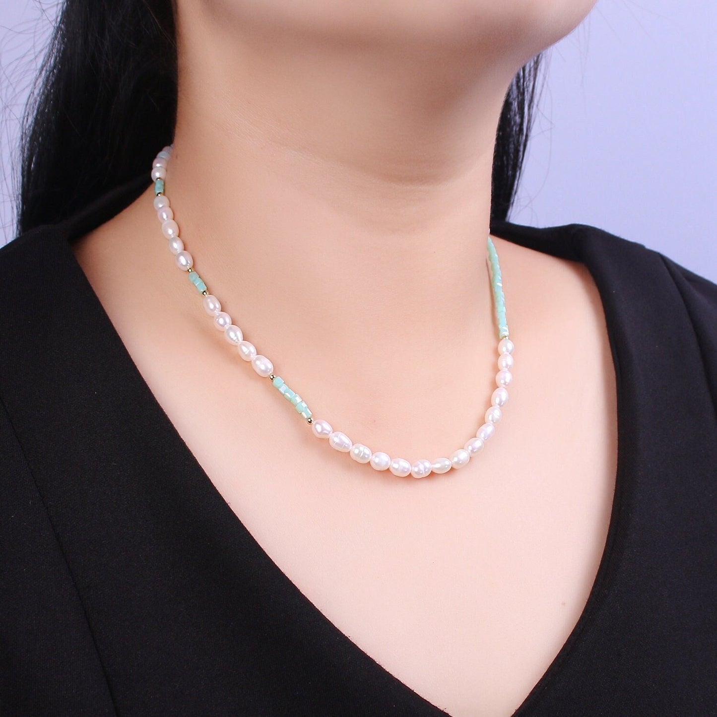 Pearl Choker Necklace, Green facetted glass beasds Chain Necklace, Pearl Necklace,16.7" + 2.2 inch Necklace Mix Beaded Gold Clasp, WA-446