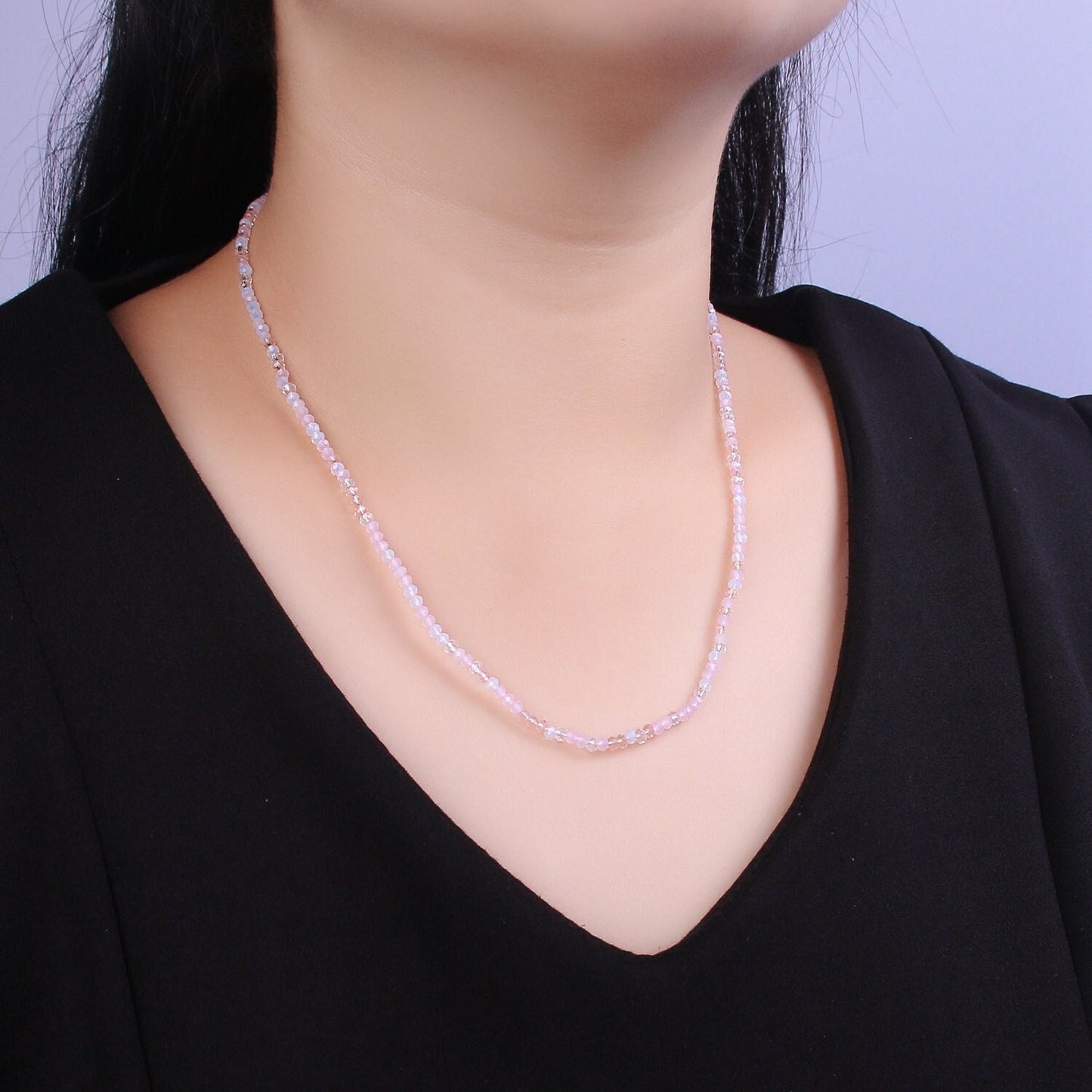BabyPink & Clear Glass Beads Necklace, facetted glass beads Chain Necklace, 17.7" + 2.0 inch Necklace Mixed Color Beaded Gold Clasp, WA-452