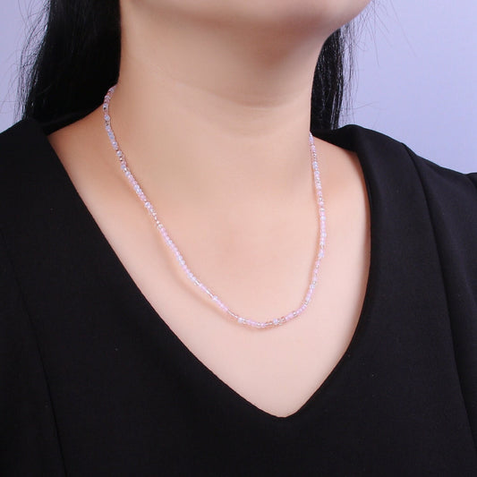 BabyPink & Clear Glass Beads Necklace, facetted glass beads Chain Necklace, 17.7" + 2.0 inch Necklace Mixed Color Beaded Gold Clasp, WA-452