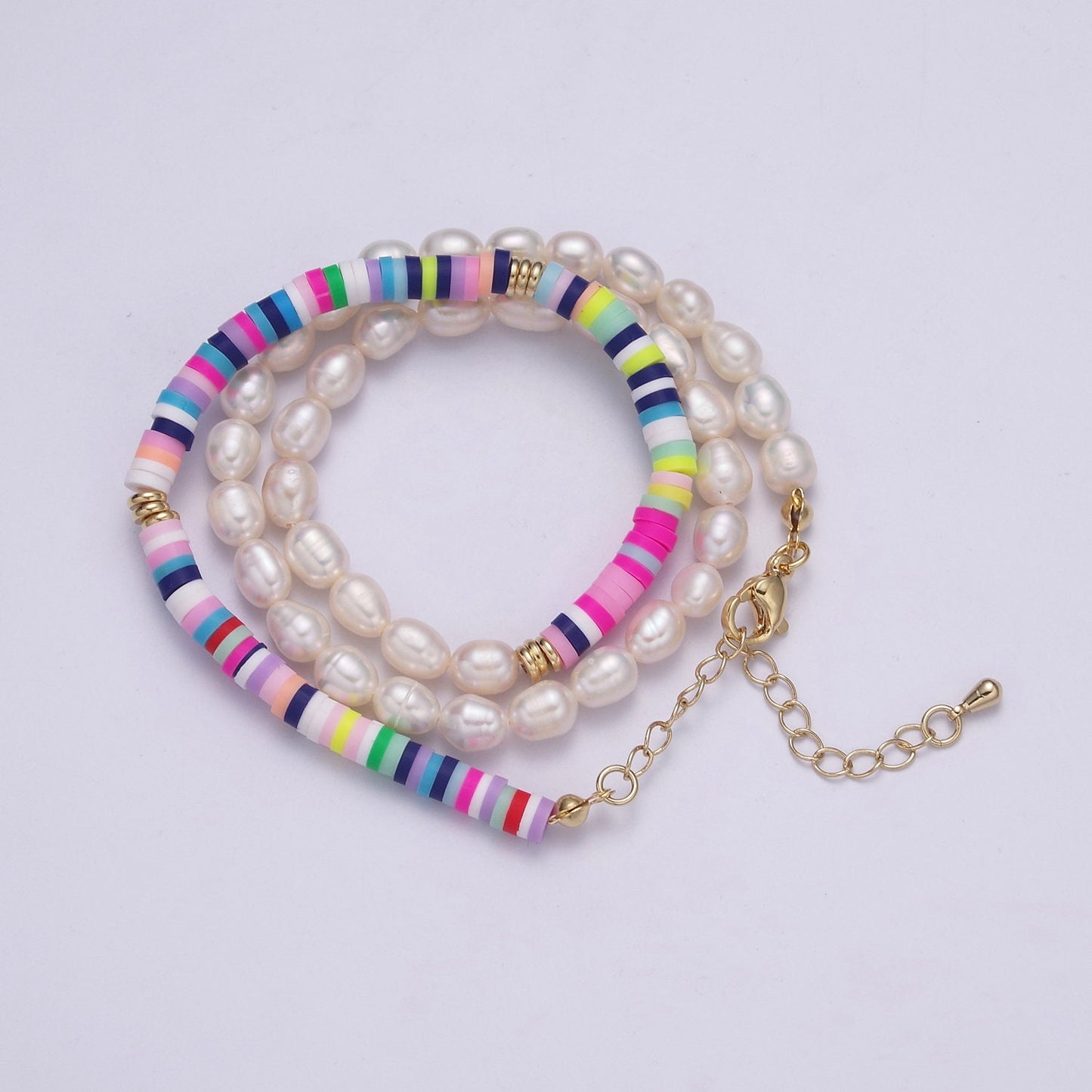 Multi Color Resin Beads Necklace,Polymer Clay beads Chain Necklace, 16.5" + 2.0 inch Necklace Pearl Beaded Gold Clasp, WA-461