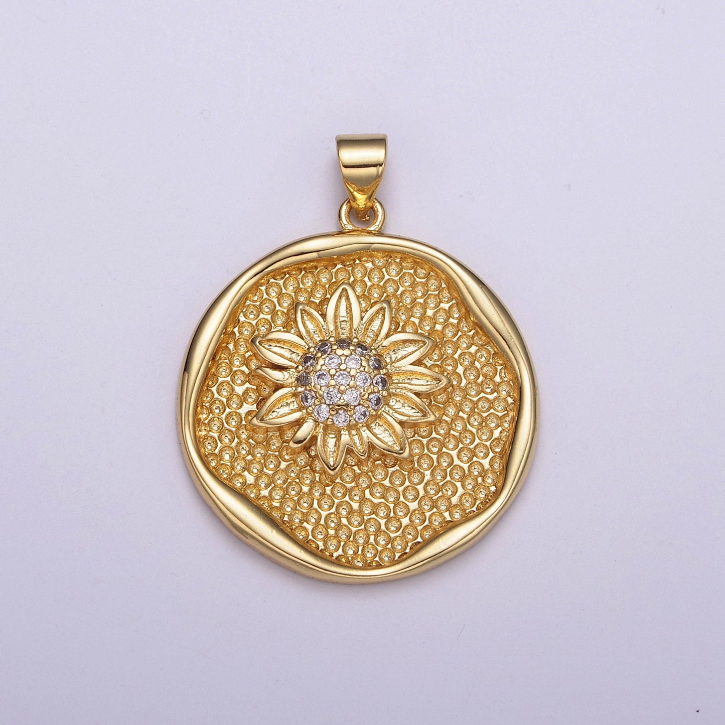 Gold Sunflower Coin Charm Necklace 24k Gold Filled Sunflower Jewelry Nature Inspired Floral Round Disc Necklace Pendant