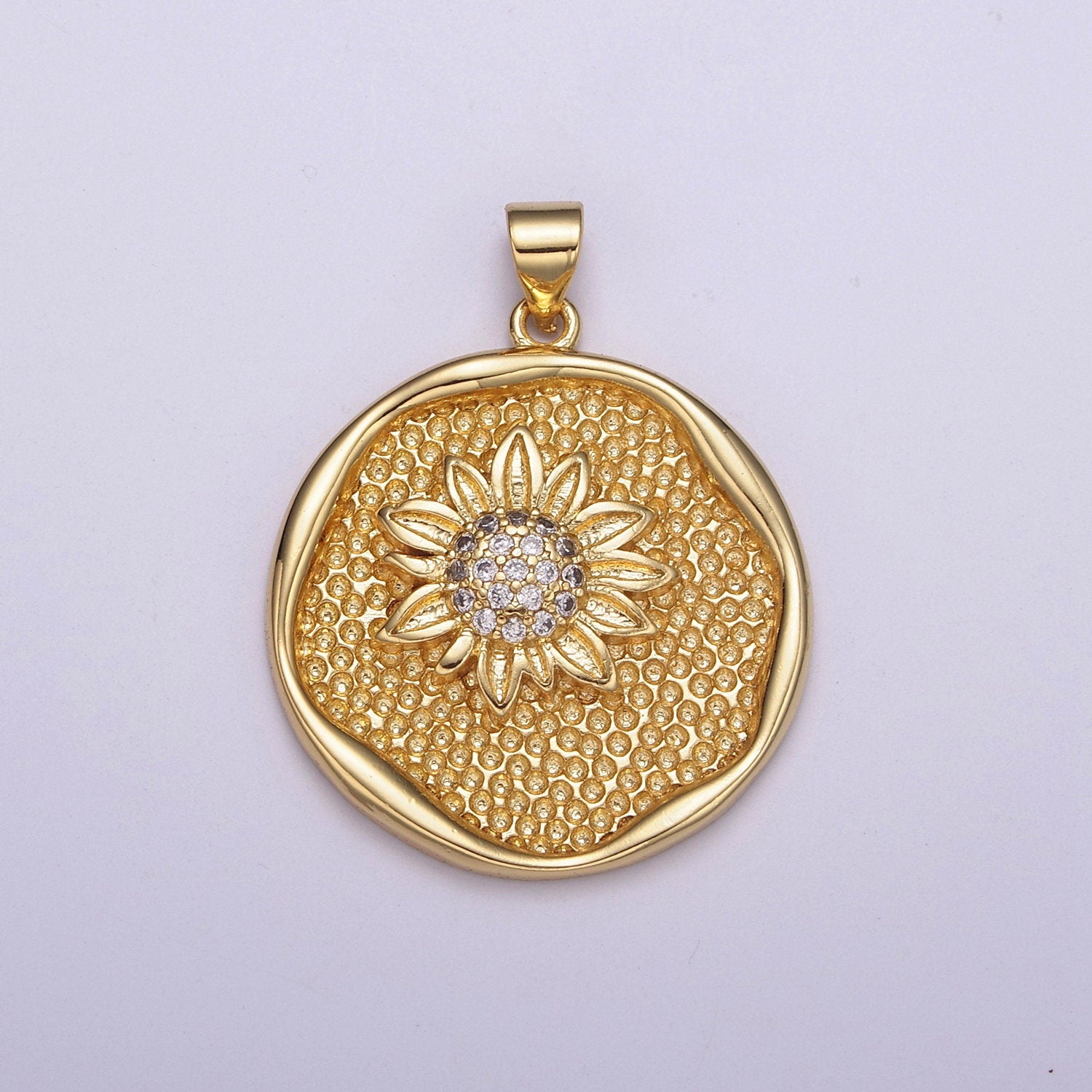 Gold Sunflower Coin Charm Necklace 24k Gold Filled Sunflower Jewelry Nature Inspired Floral Round Disc Necklace Pendant