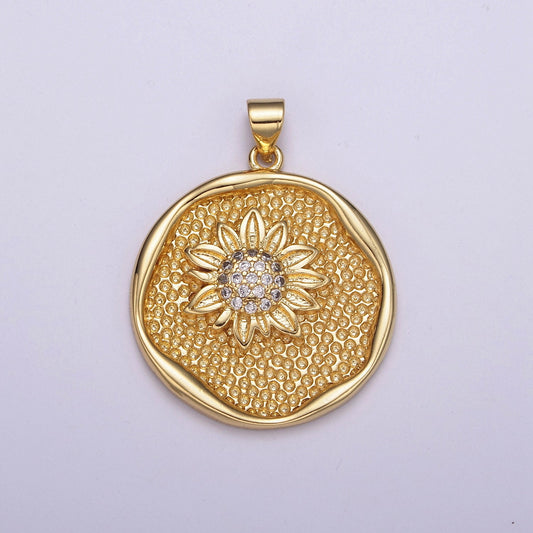 Gold Sunflower Coin Charm Necklace 24k Gold Filled Sunflower Jewelry Nature Inspired Floral Round Disc Necklace Pendant