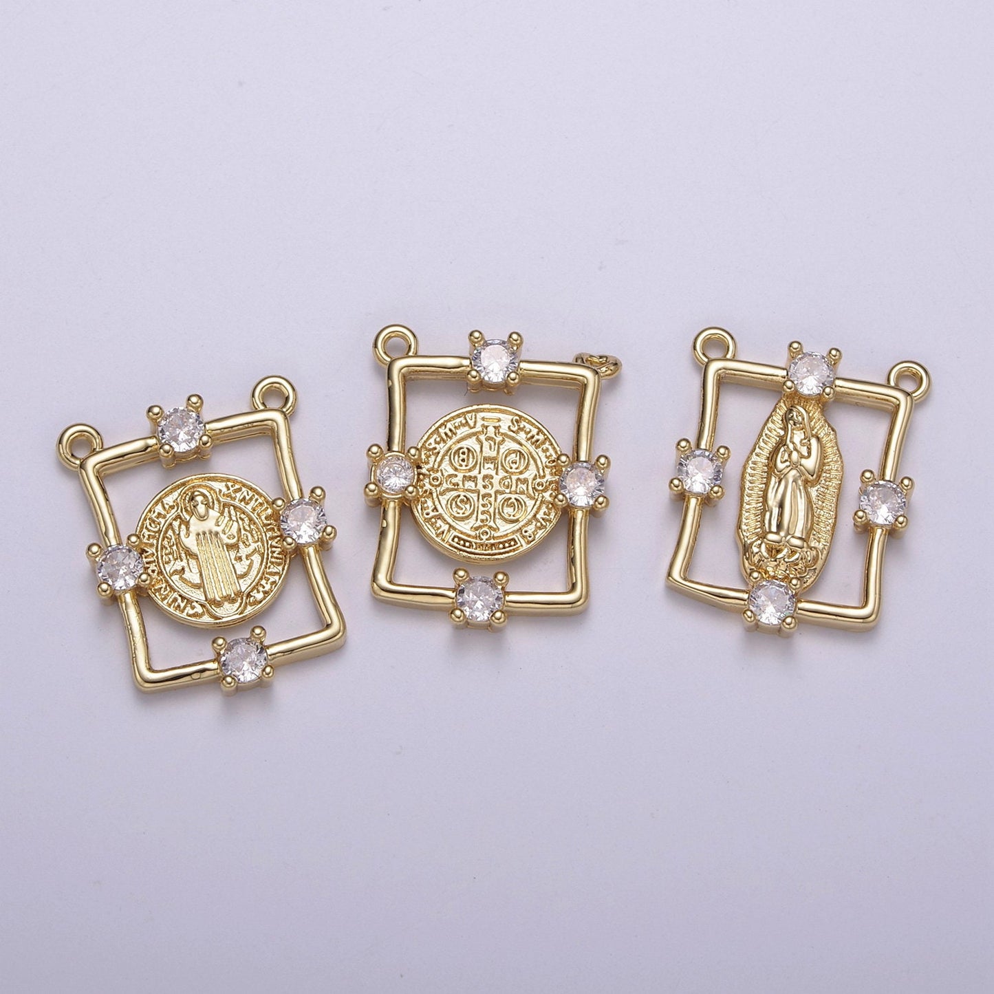 Clear CZ Gold Virgin Mother Mary Connectors, Cross Charm, Medallion Religious Jewelry Craft Supply, Y-422 ~ Y-424