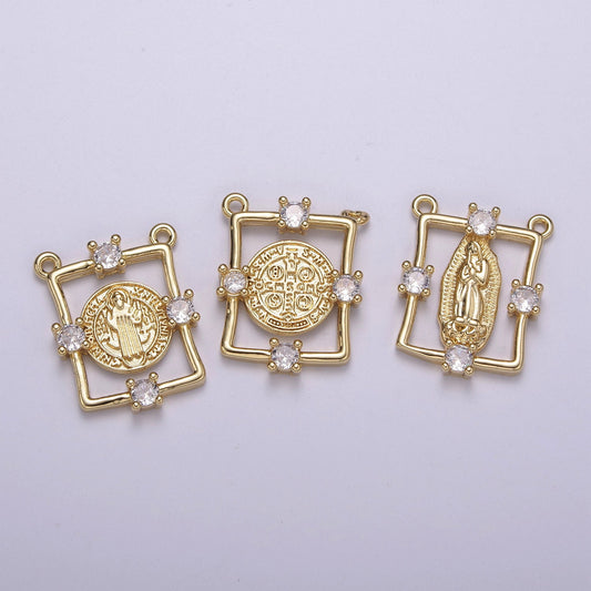 Clear CZ Gold Virgin Mother Mary Connectors, Cross Charm, Medallion Religious Jewelry Craft Supply, Y-422 ~ Y-424