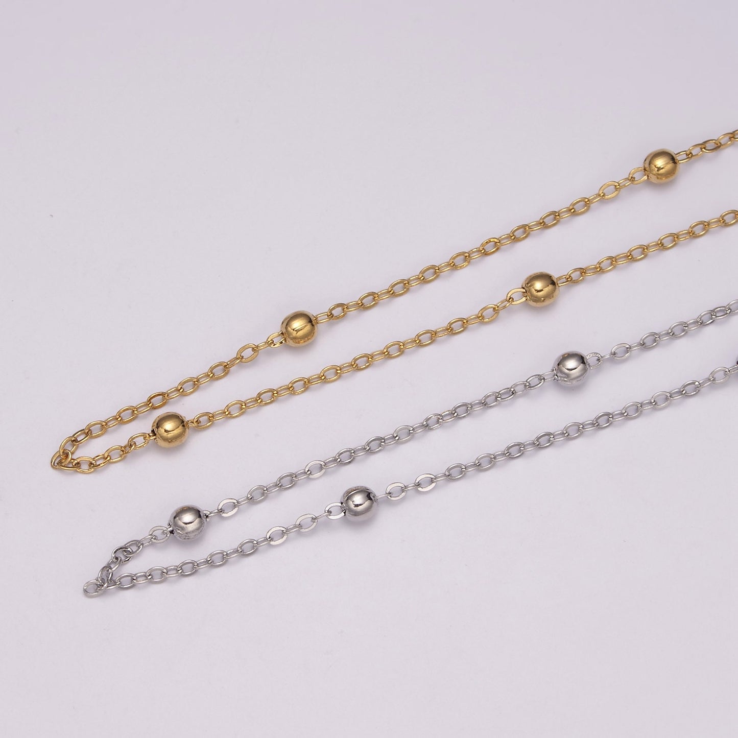 17.7" +2" ext. Ready to wear Gold Satellite Chain Necklace, White gold Beaded Chain, WA- 432, WA-433