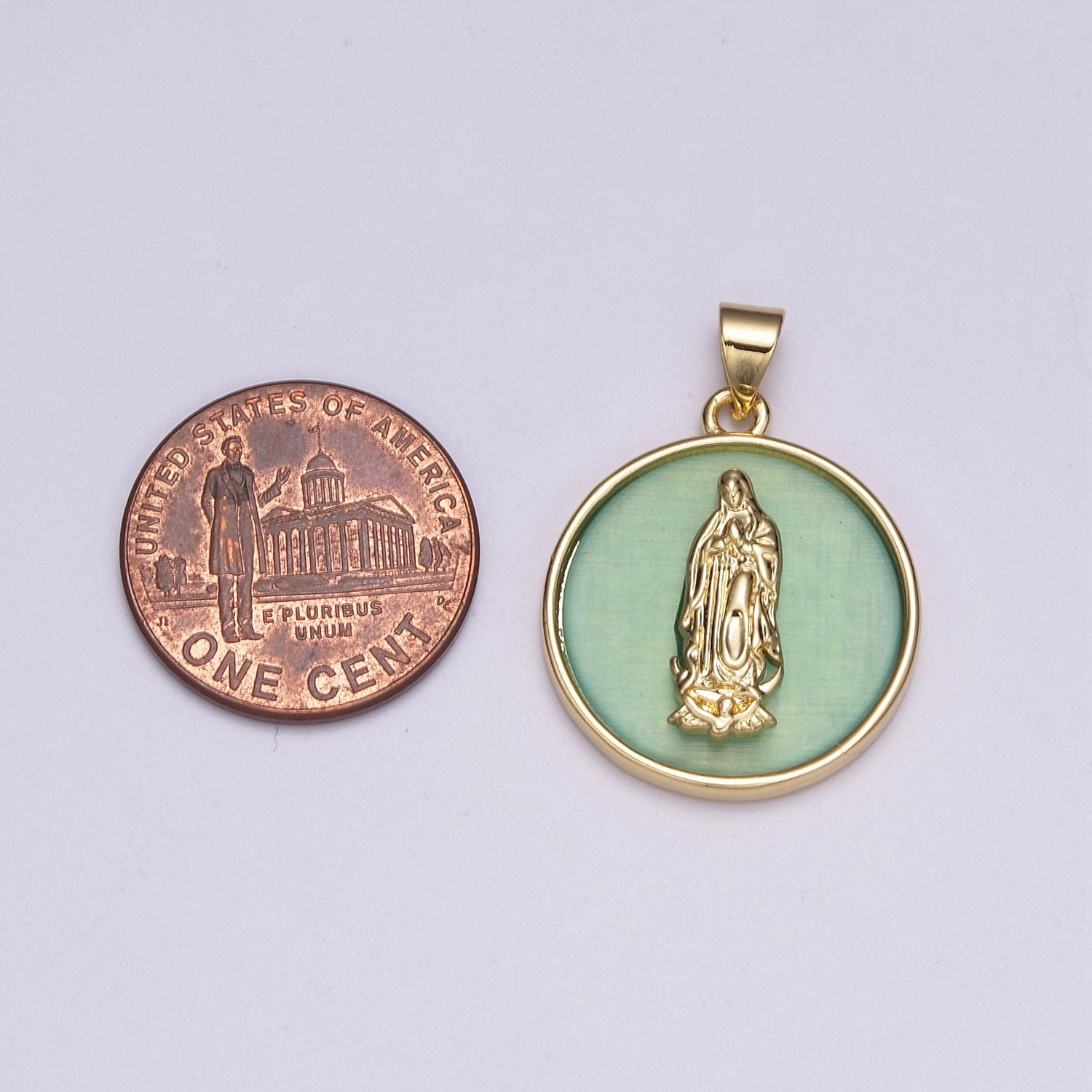 Gold Virgin Mary, Green or Yellow Glass background Lady of Guadalupe Medallion Charm Pendant, Virgin Mary Charm N-510~N-511