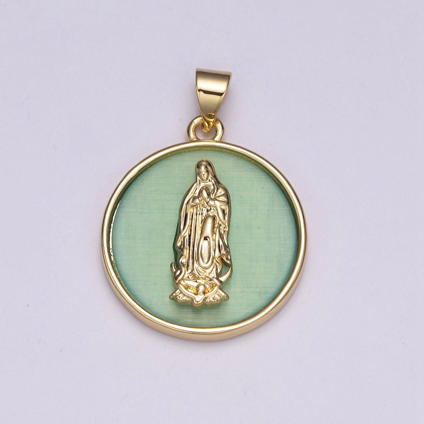 Gold Virgin Mary, Green or Yellow Glass background Lady of Guadalupe Medallion Charm Pendant, Virgin Mary Charm N-510~N-511