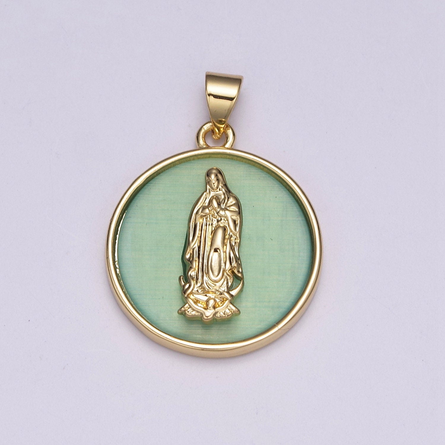 Gold Virgin Mary, Green or Yellow Glass background Lady of Guadalupe Medallion Charm Pendant, Virgin Mary Charm N-510~N-511