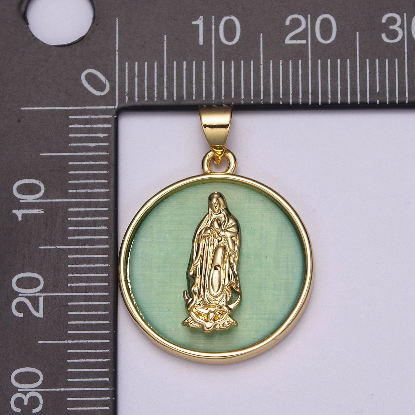 Gold Virgin Mary, Green or Yellow Glass background Lady of Guadalupe Medallion Charm Pendant, Virgin Mary Charm N-510~N-511