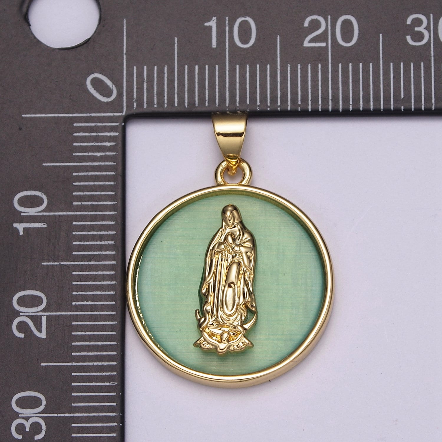 Gold Virgin Mary, Green or Yellow Glass background Lady of Guadalupe Medallion Charm Pendant, Virgin Mary Charm N-510~N-511