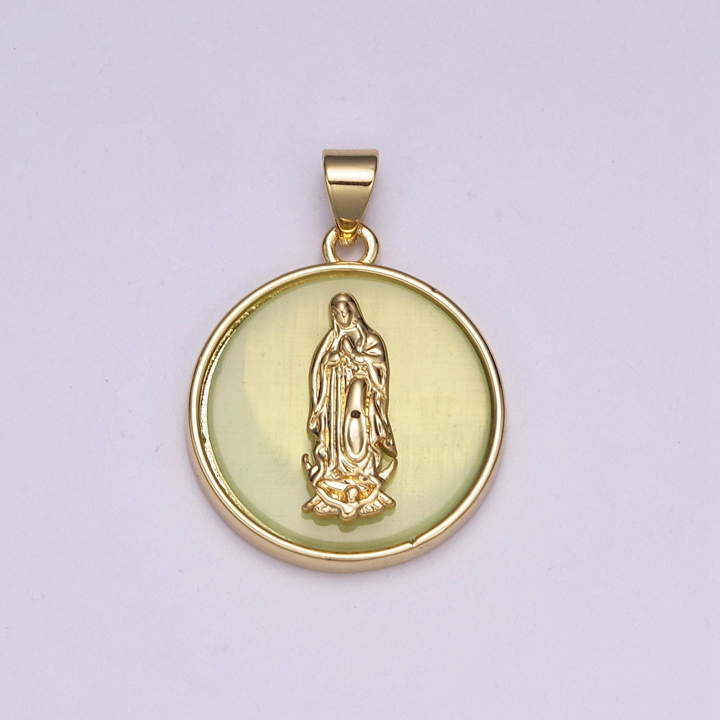 Gold Virgin Mary, Green or Yellow Glass background Lady of Guadalupe Medallion Charm Pendant, Virgin Mary Charm N-510~N-511