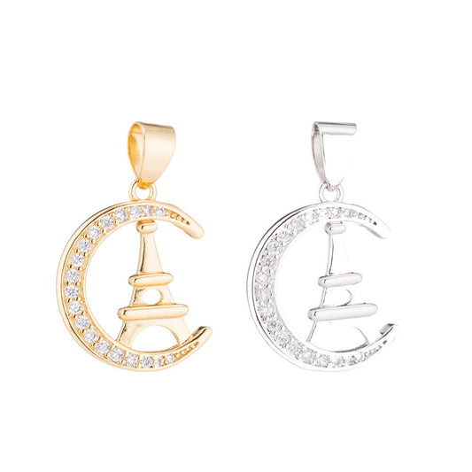 24K Gold Eiffel Tower CZ Micro Pave Charm Pendant, French Charm, Eiffel Tower Pendant, Silver Paris Charm Travel Jewelry