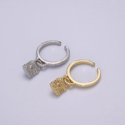Dainty Cz Gold Padlock ring - Stackable Lock Ring - CZ Ring Charm- Dangle Lock Ring - Adjustable Open Ring