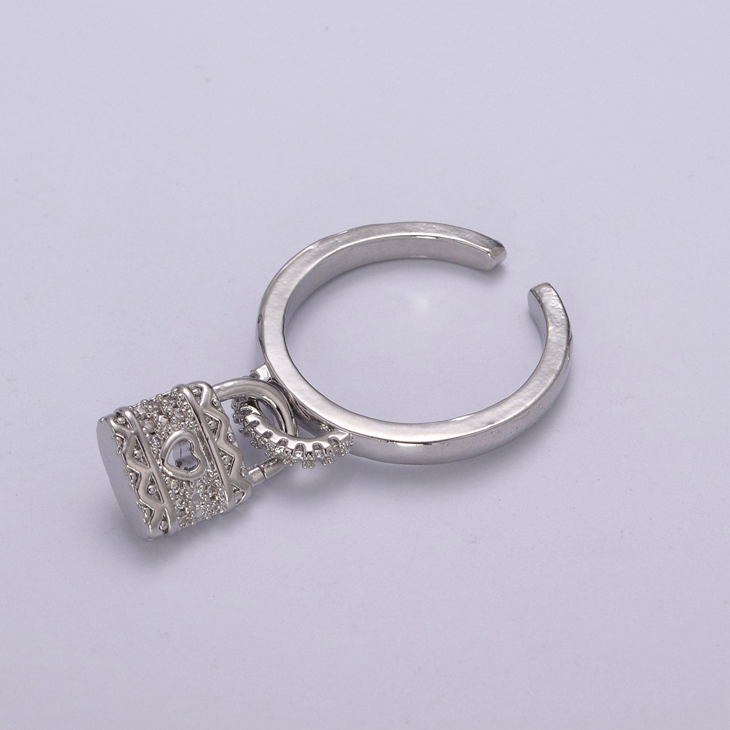 Dainty Cz Gold Padlock ring - Stackable Lock Ring - CZ Ring Charm- Dangle Lock Ring - Adjustable Open Ring