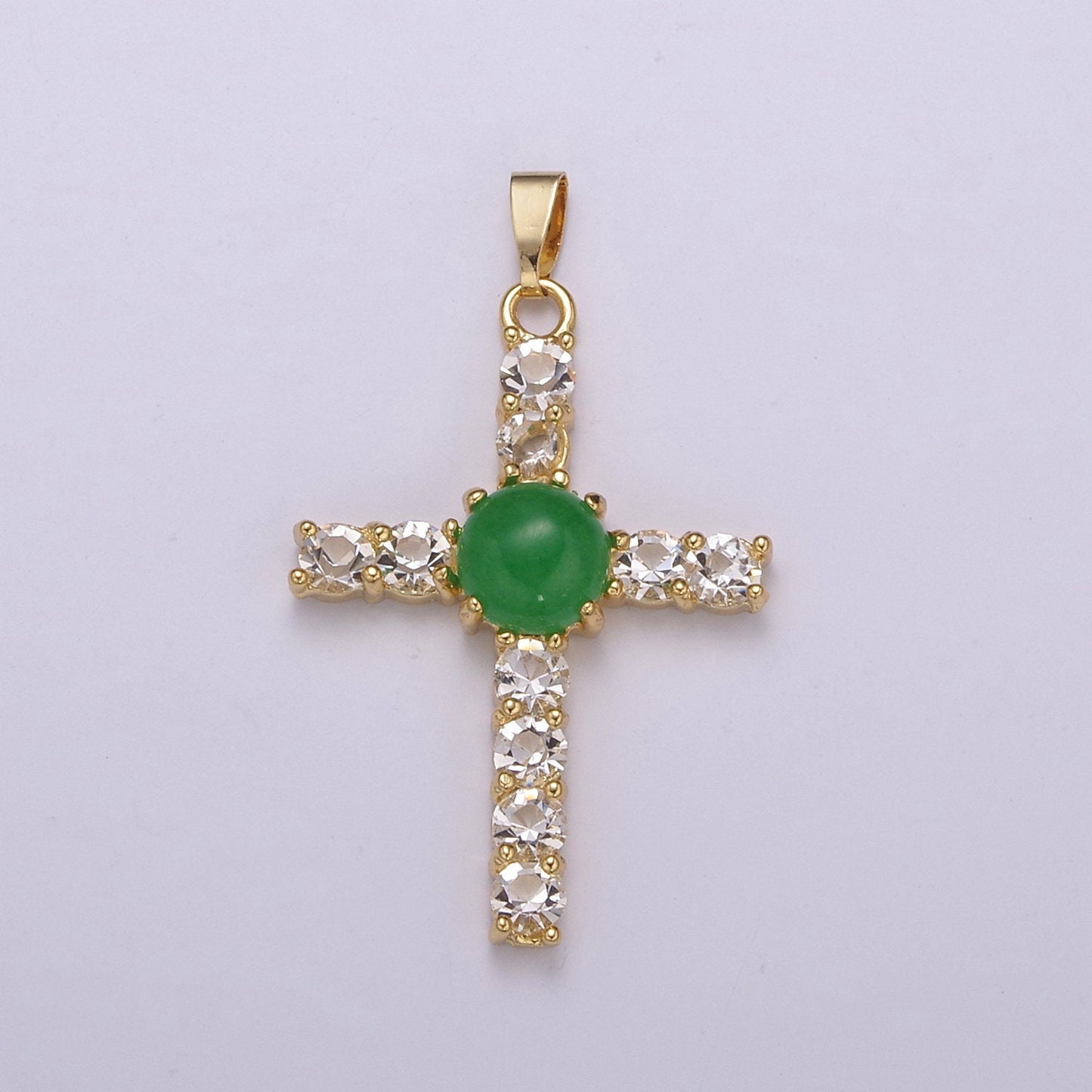 Dainty Green Jade Cross Pendant With Cubic Zirconia for Necklace Earring Component Supply AH-349