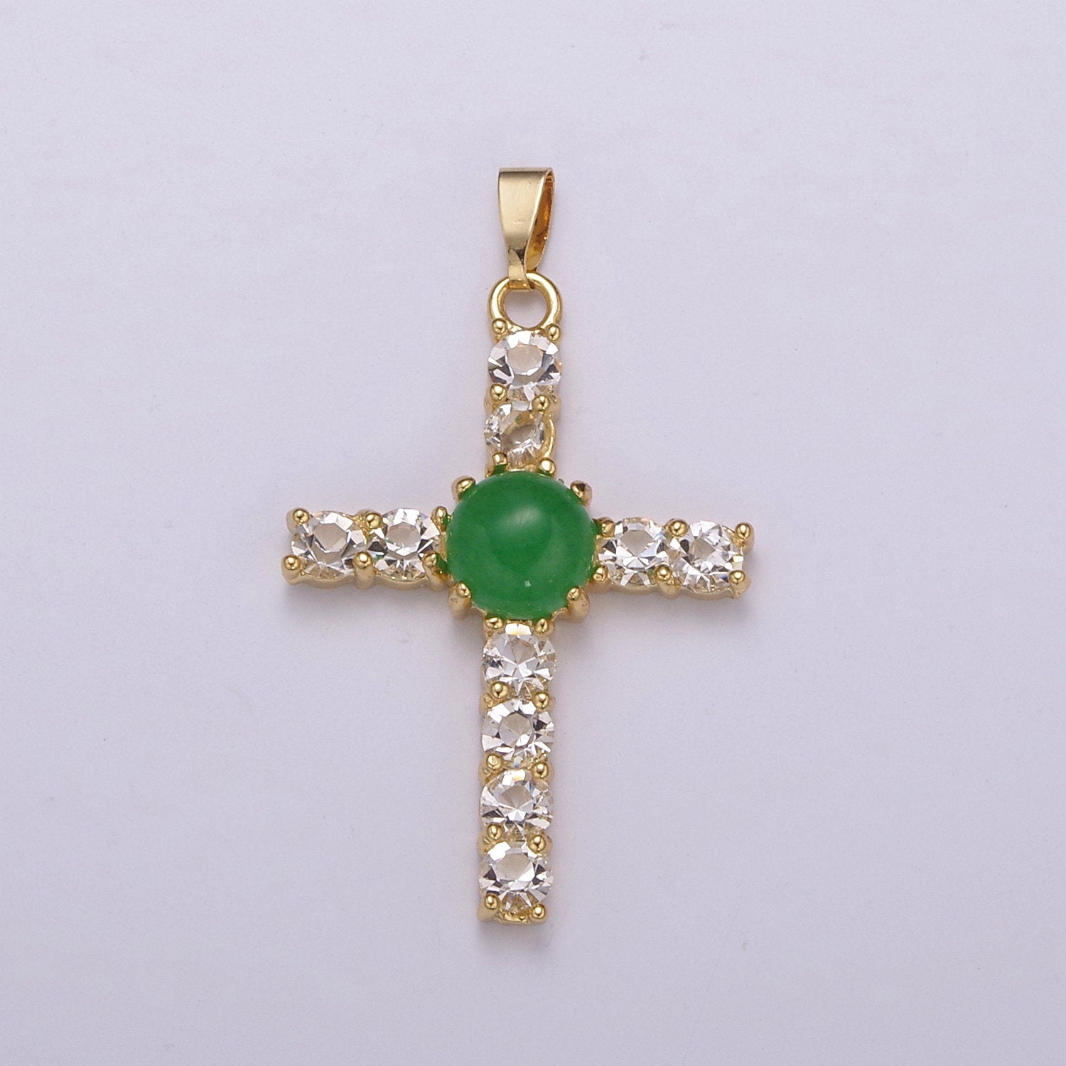 Dainty Green Jade Cross Pendant With Cubic Zirconia for Necklace Earring Component Supply AH-349