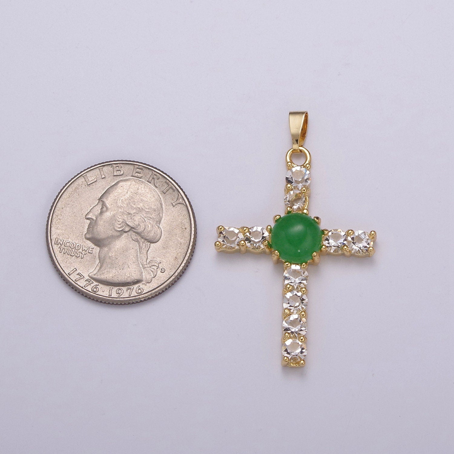 Dainty Green Jade Cross Pendant With Cubic Zirconia for Necklace Earring Component Supply AH-349