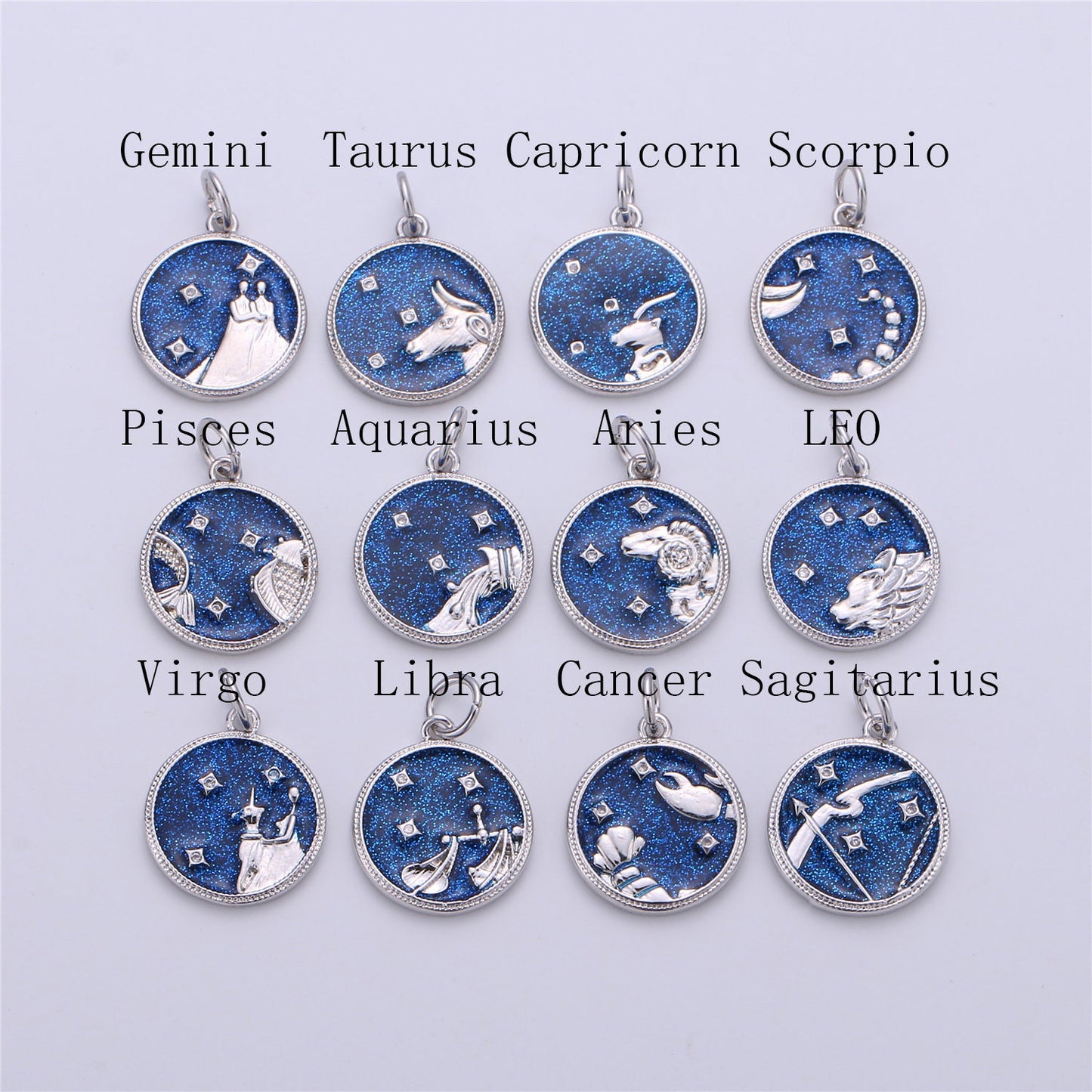 WhiteGold Blue Sparkle Enamel Zodiac Charms Constellation Necklace Pendant for Zodiac Necklace Celestial Jewelry Making Supply, ZODIAC- 12