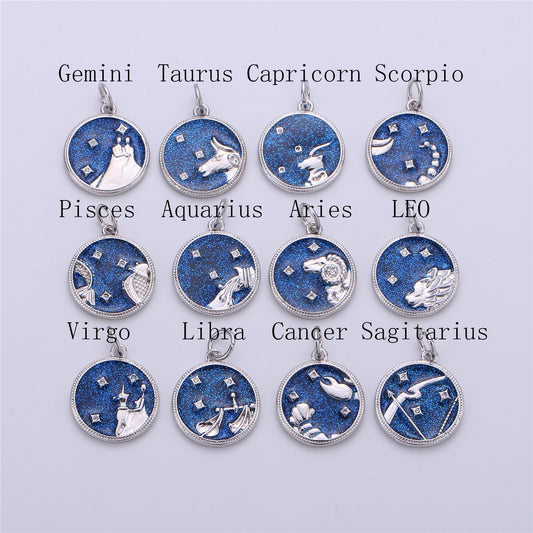 WhiteGold Blue Sparkle Enamel Zodiac Charms Constellation Necklace Pendant for Zodiac Necklace Celestial Jewelry Making Supply, ZODIAC- 12