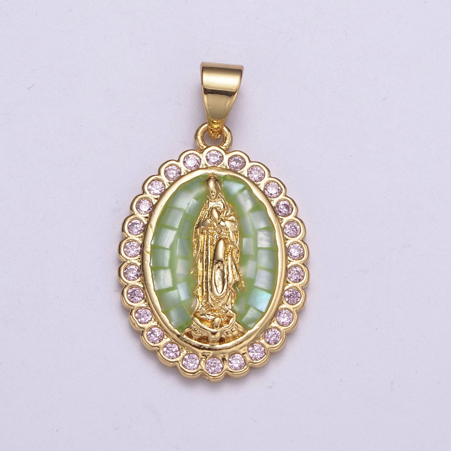 Gold Pearl finished with Blue/Green Transparent Epoxy Checkers Pendant Gold Mother Mary Pendant Round Charm Gold Medallion, H-057, H-059