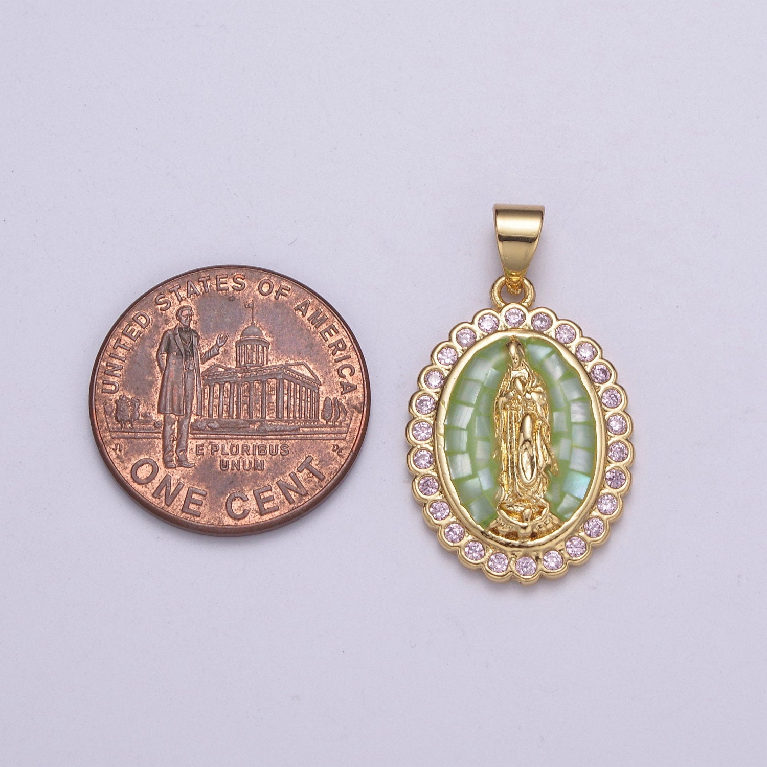 Gold Pearl finished with Blue/Green Transparent Epoxy Checkers Pendant Gold Mother Mary Pendant Round Charm Gold Medallion, H-057, H-059
