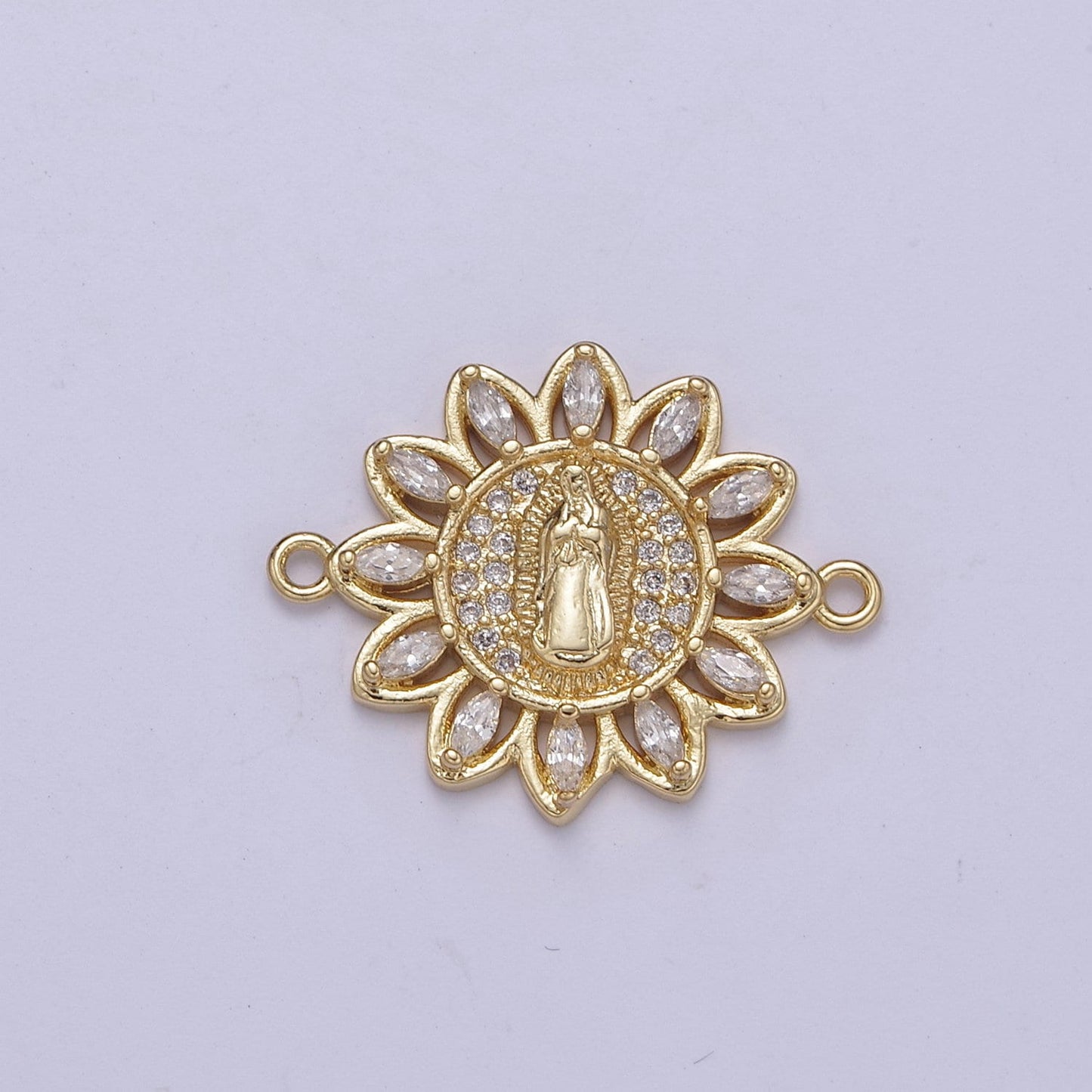 Dainty Gold Sun Flower Cubic Virgin Mary Lady Guadalupe Charm Connector for Bracelet F-679