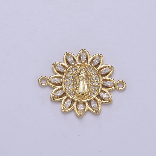 Dainty Gold Sun Flower Cubic Virgin Mary Lady Guadalupe Charm Connector for Bracelet F-679