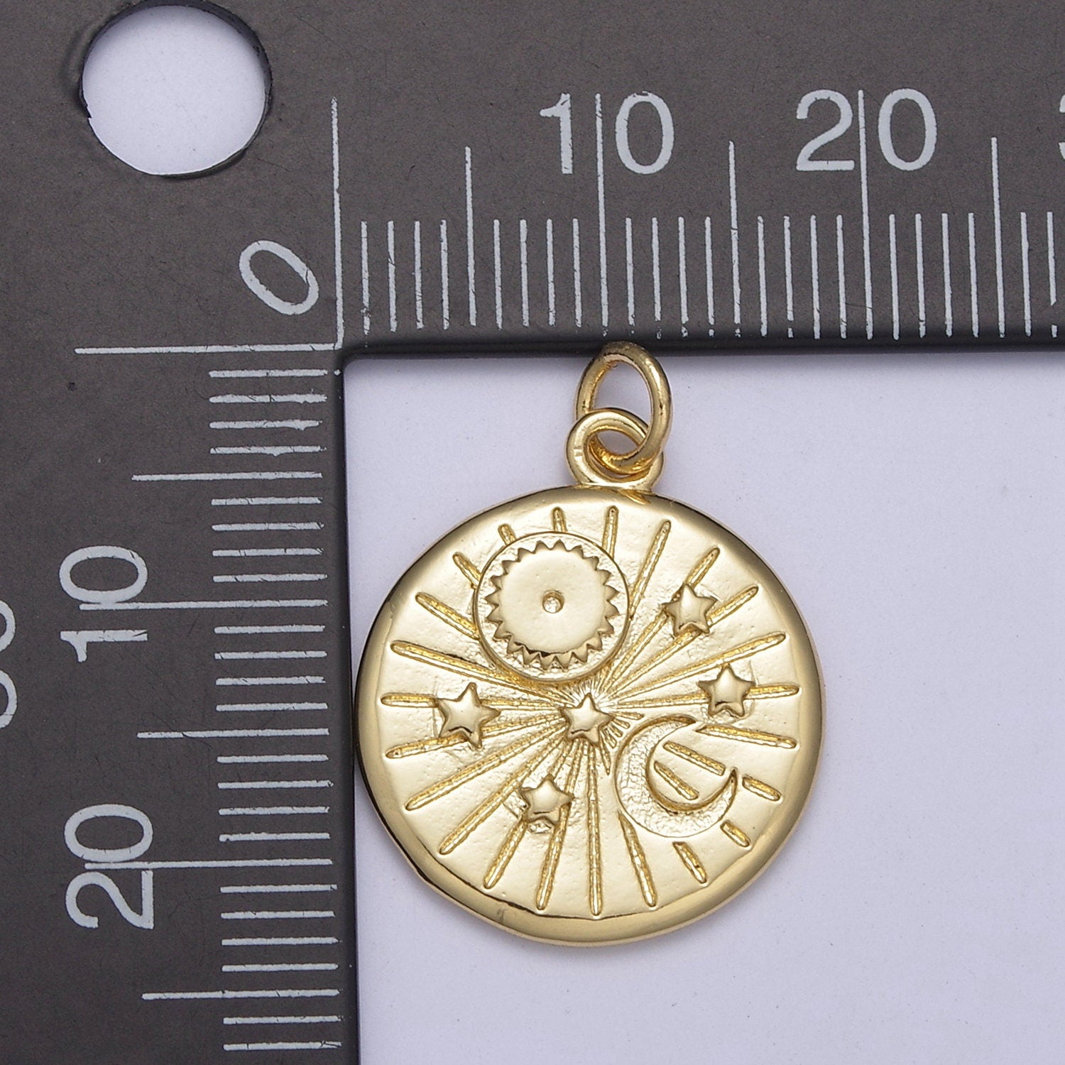Round Coin Disc Star Sun Moon Planet Pendant, Gold Space Celestial pendant C-695