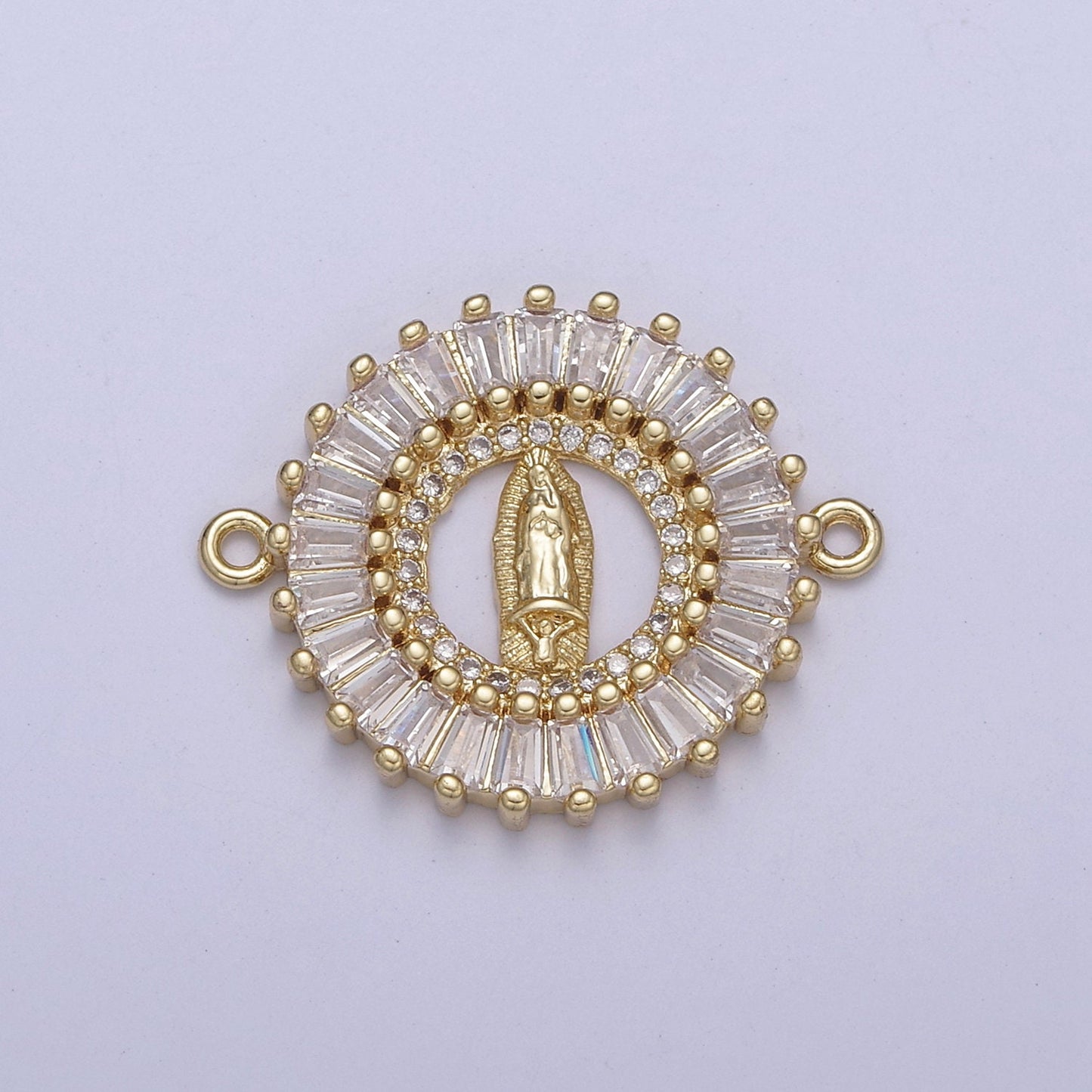Gold Filled CZ Virgin Mary On Round Coin Shape Connector, 14K Gold Filled Lady of Guadalupe Baguette Link Connector F-173