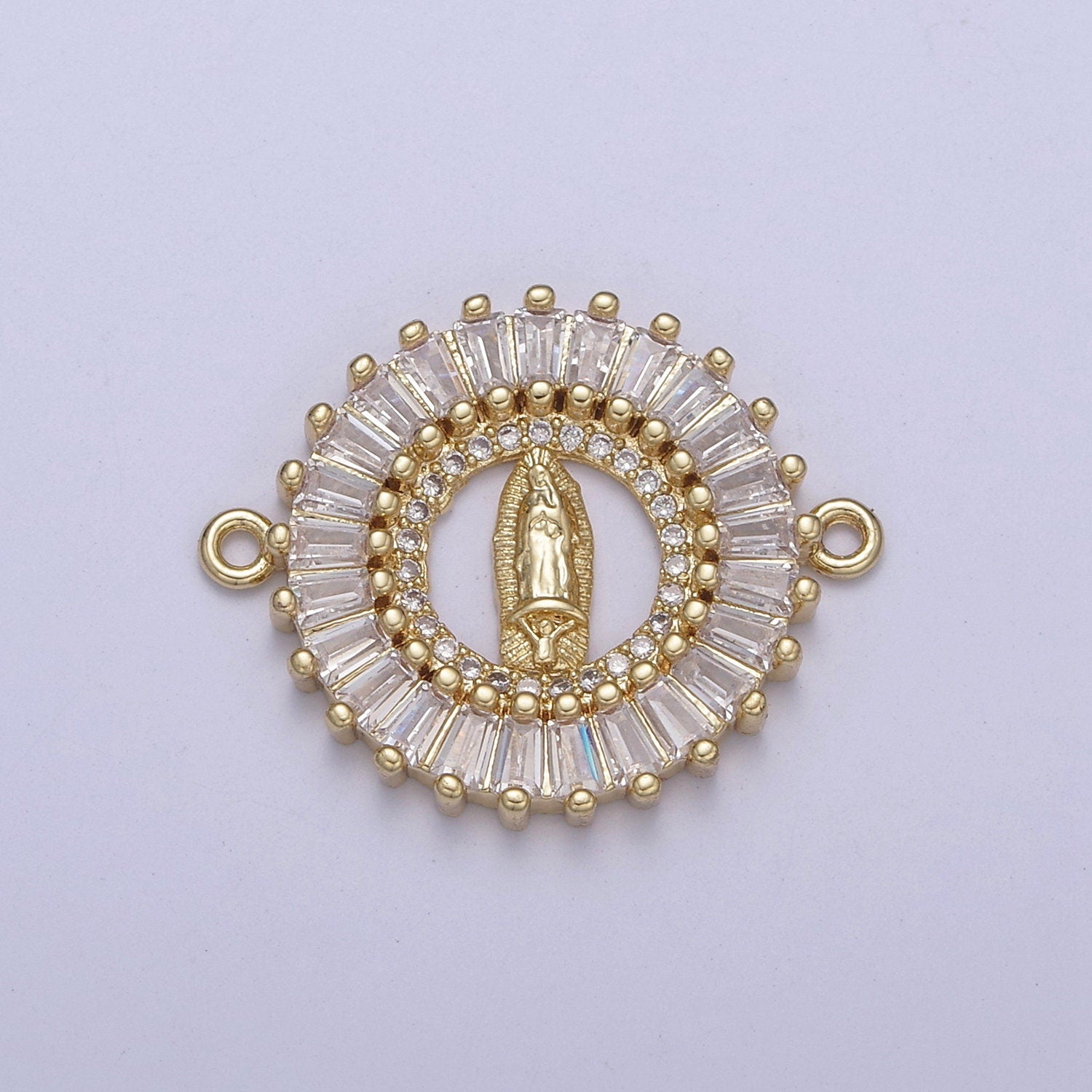 Gold Filled CZ Virgin Mary On Round Coin Shape Connector, 14K Gold Filled Lady of Guadalupe Baguette Link Connector F-173