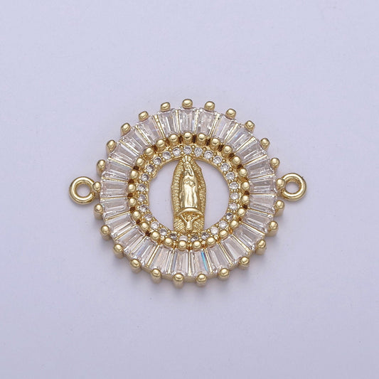 Gold Filled CZ Virgin Mary On Round Coin Shape Connector, 14K Gold Filled Lady of Guadalupe Baguette Link Connector F-173